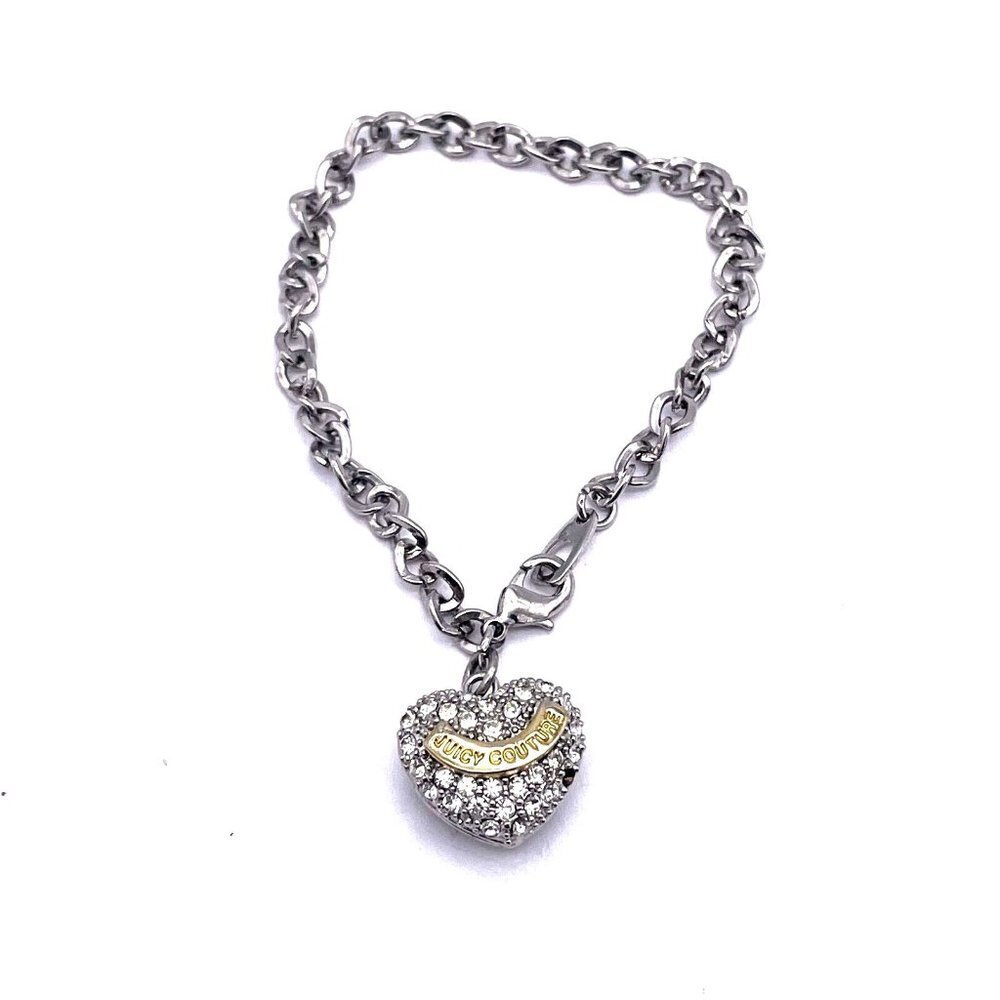 Juicy Couture Rhinestone Heart Charm Rolo Chain Bracelet Lobster 7.5 Inch